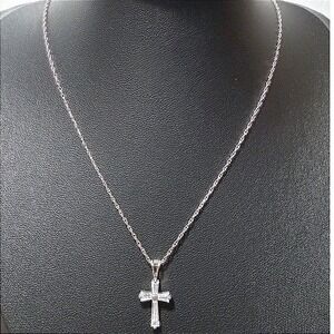 Small Cross Necklace Pendant Women Silver CZ Baguette Faith Jewelry About 18in